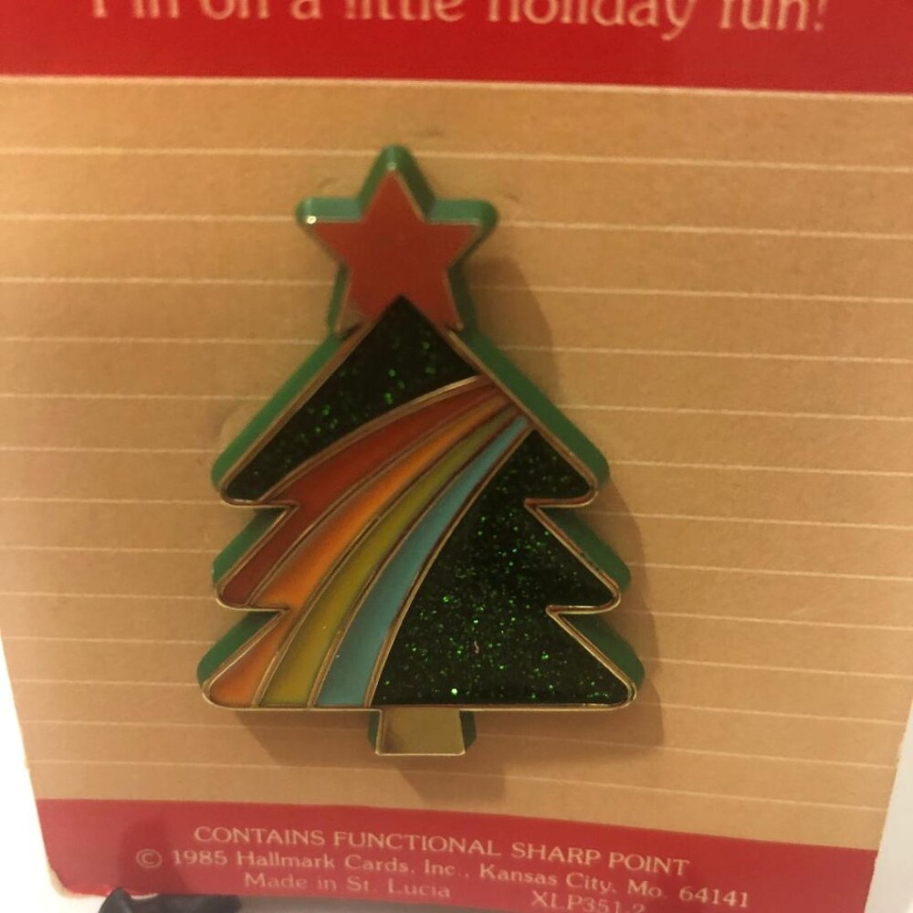 Vintage Hallmark Holiday Lapel Pin Christmas Tree Rainbow Glitter Plastic 1985